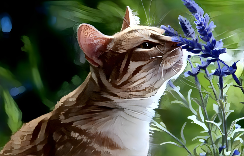 Cat Smelling Lavender