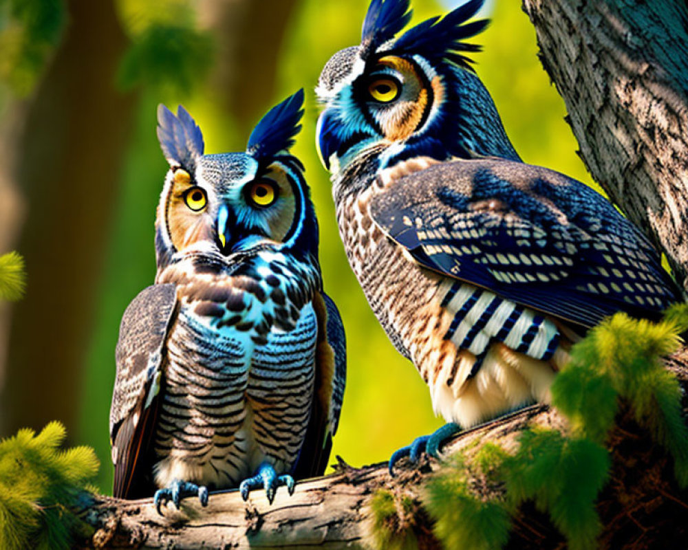 Colorful Ornate Owls Perched on Branch with Green Foliage