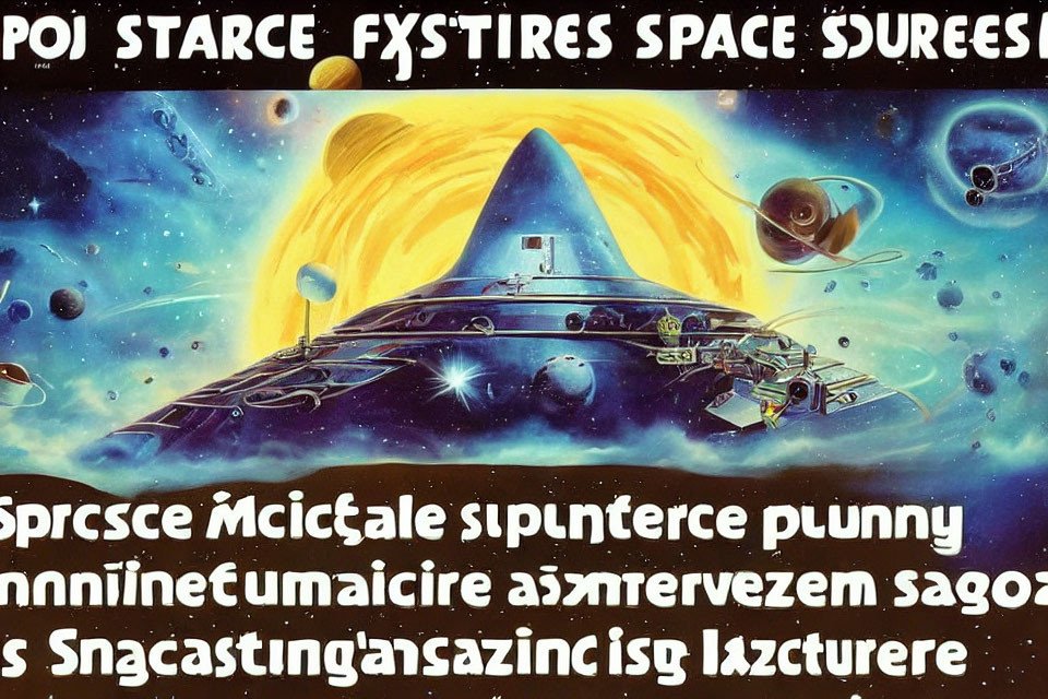 Retro-futuristic space scene with pyramid spaceship, planets, and bright sun.