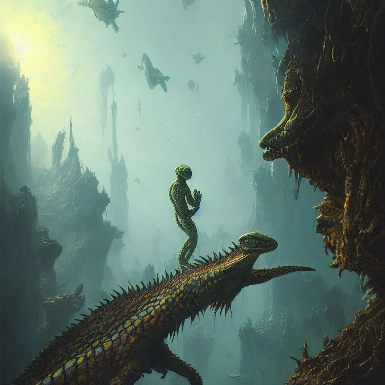 Figure on Reptilian Creature in Underwater Ruins