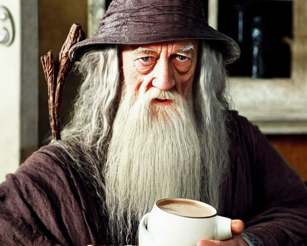 Elderly man with long white beard holding teapot in thoughtful expression