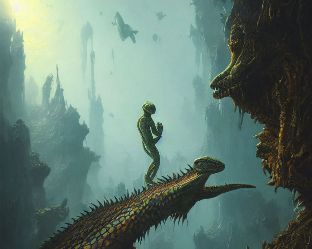 Figure on Reptilian Creature in Underwater Ruins