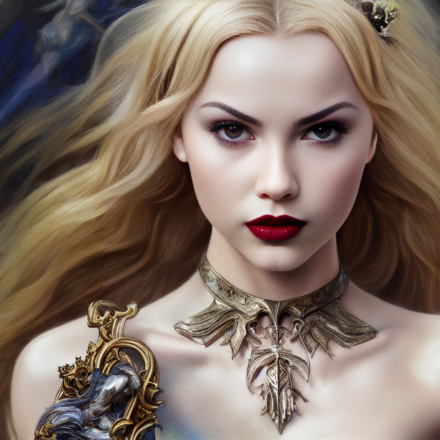 Digital Artwork: Woman with Golden Hair, Red Lips, and Lion Emblem Choker