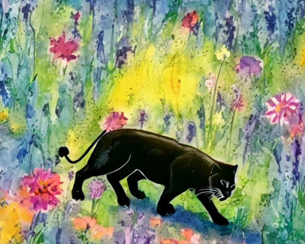 Silhouette of panther in colorful floral meadow under gradient sky