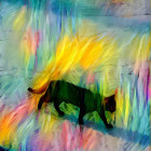 Silhouette of panther in colorful floral meadow under gradient sky