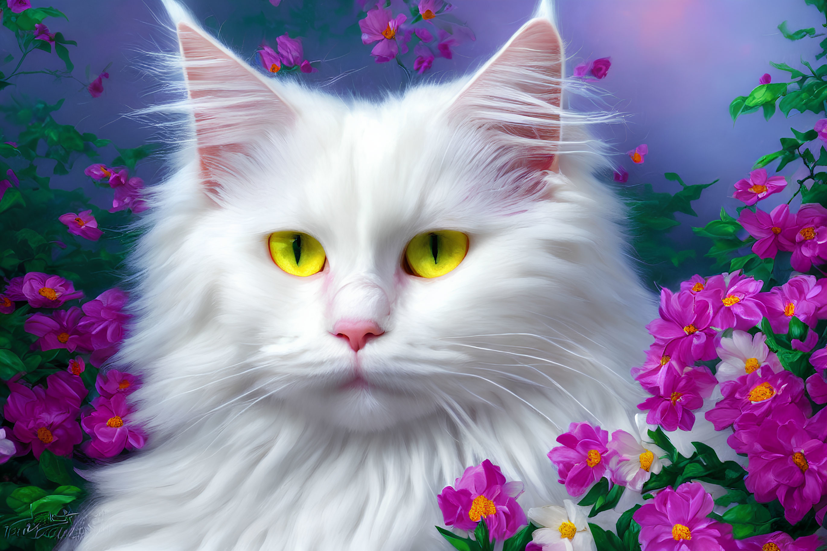 White Cat with Yellow Eyes Surrounded by Pink Flowers on Blue Background