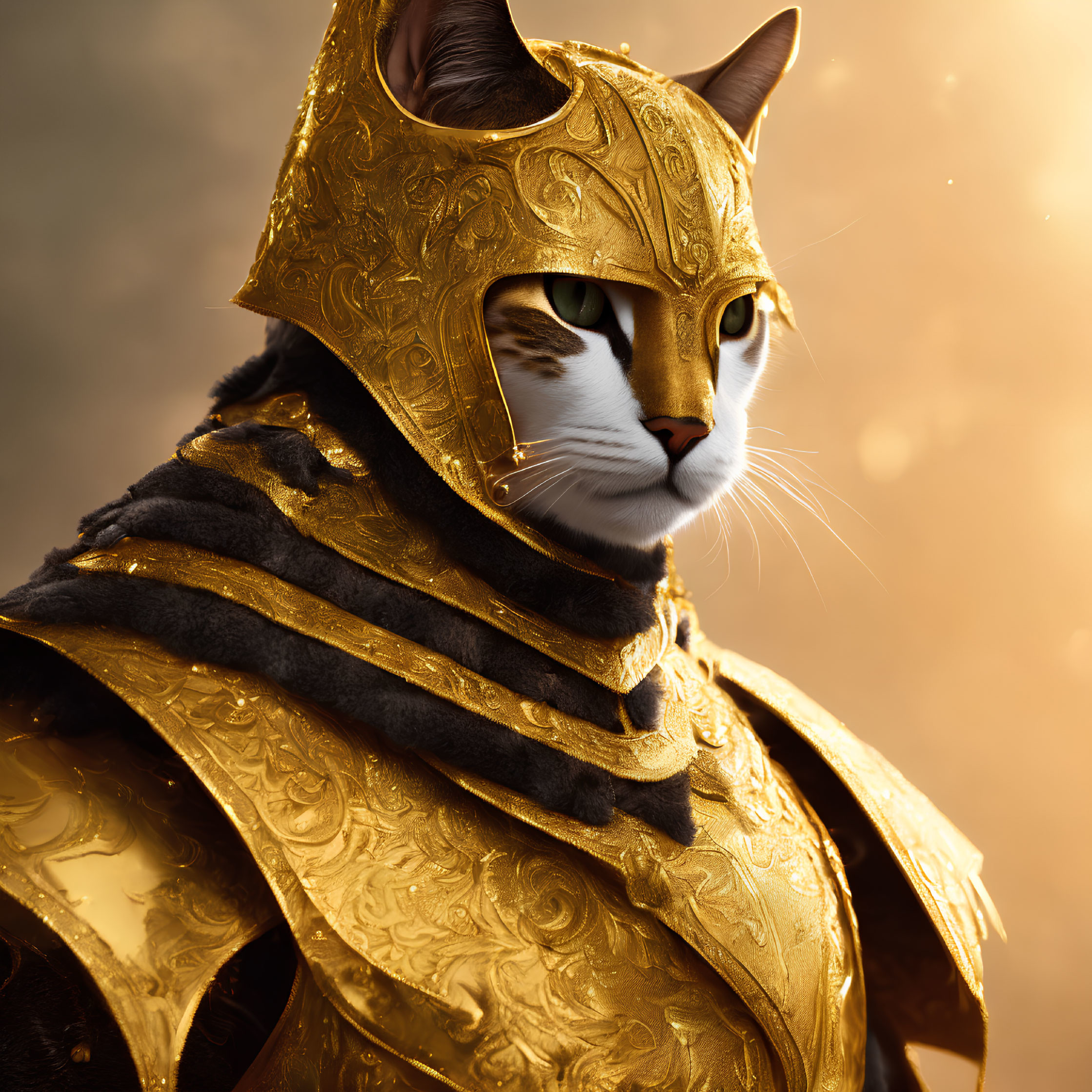 Digital artwork: Stoic cat in ornate golden armor