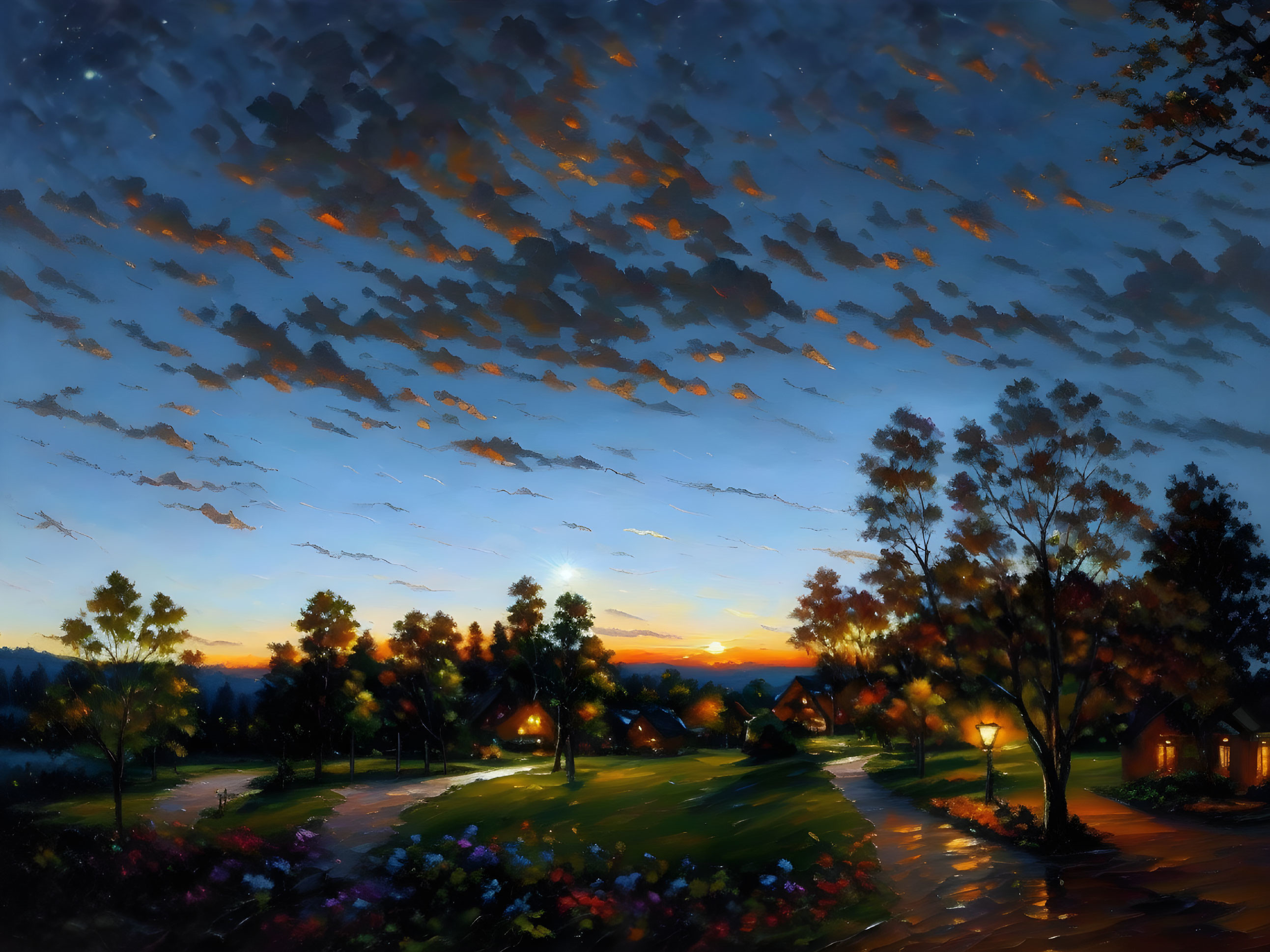 Vibrant Twilight Scene with Cottages, Trees, and Flowers