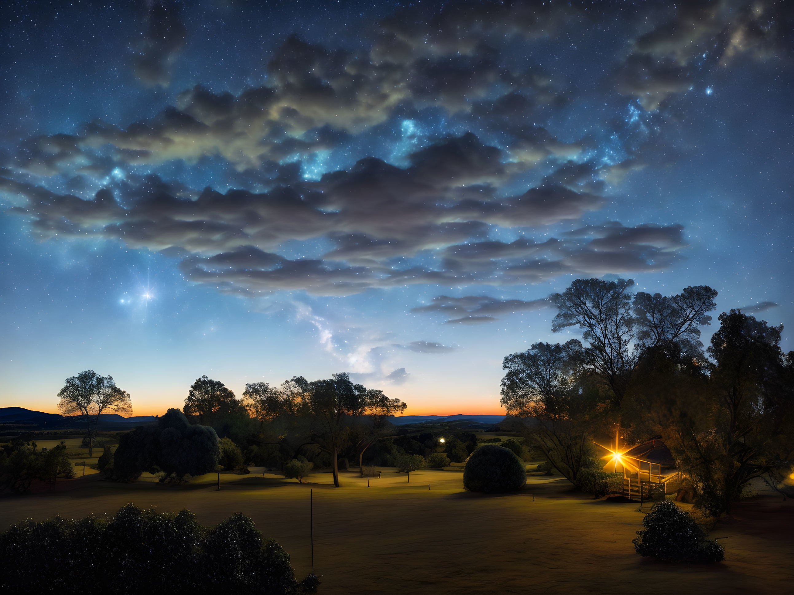 Tranquil twilight scene with starlit sky, radiant star, silhouetted trees, and
