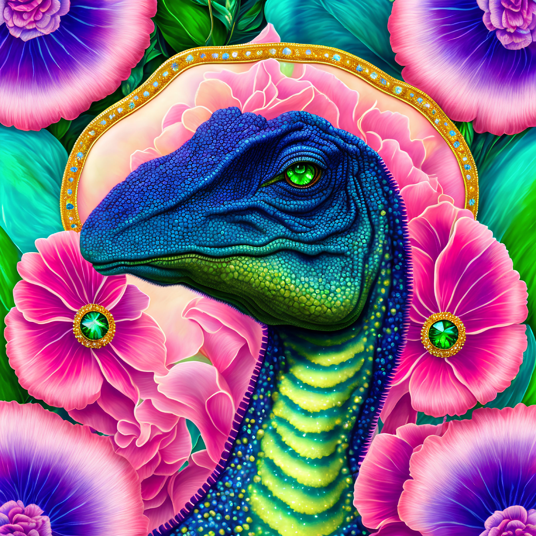 Colorful Blue Dinosaur Surrounded by Pink Flowers and Ornate Details