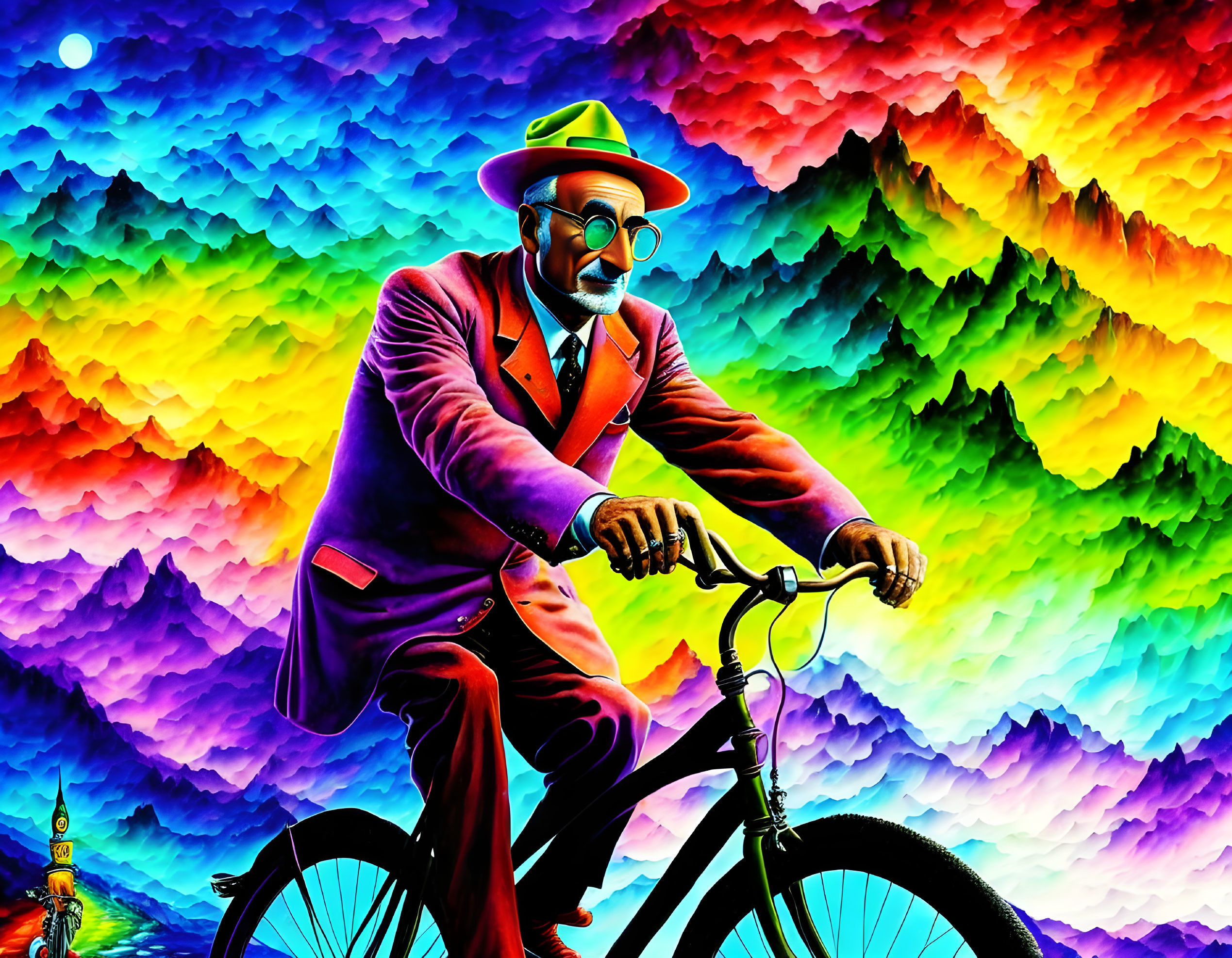 Colorful Artwork: Stylish Man on Bicycle in Psychedelic Background