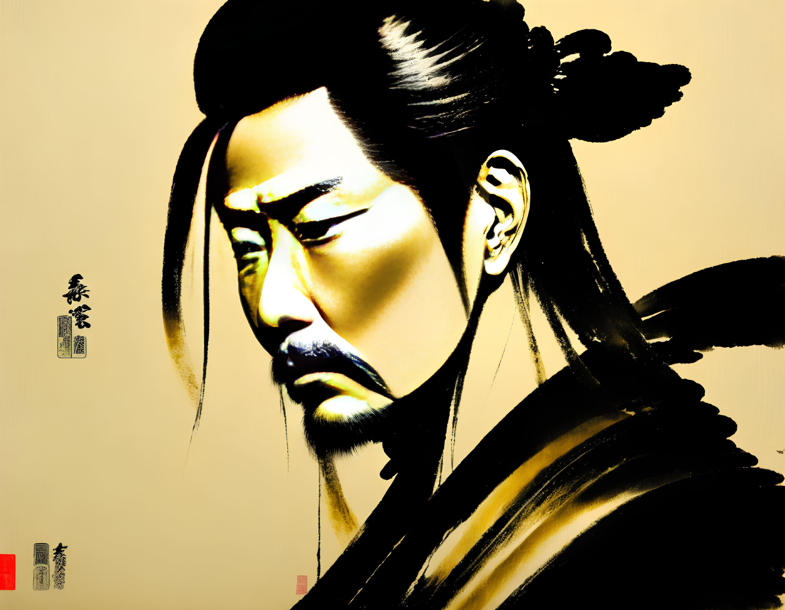 Traditional Asian-style painting of historical male figure with stern expression on gold background