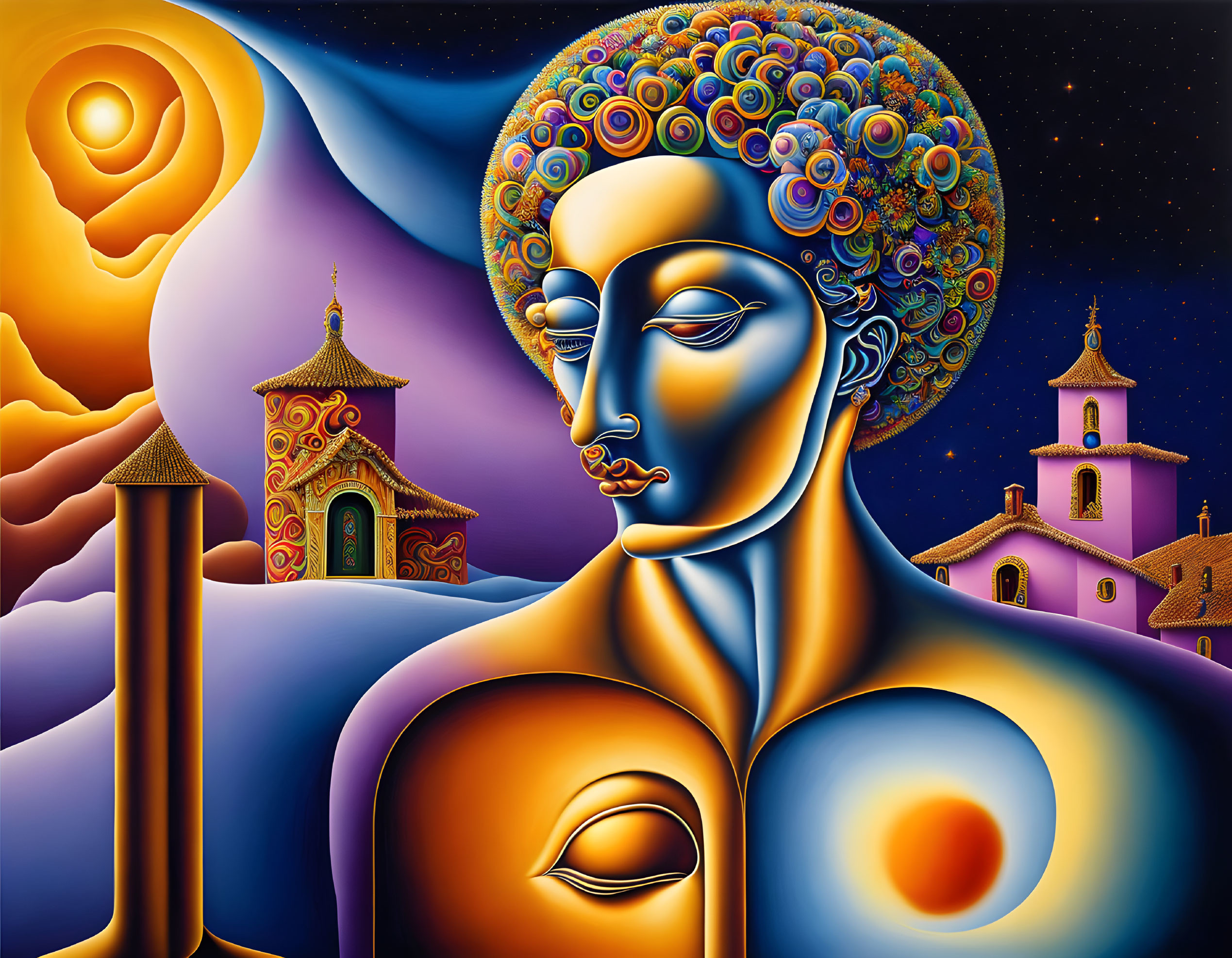 Colorful surreal painting of a stylized figure in ornate patterns against abstract landscape