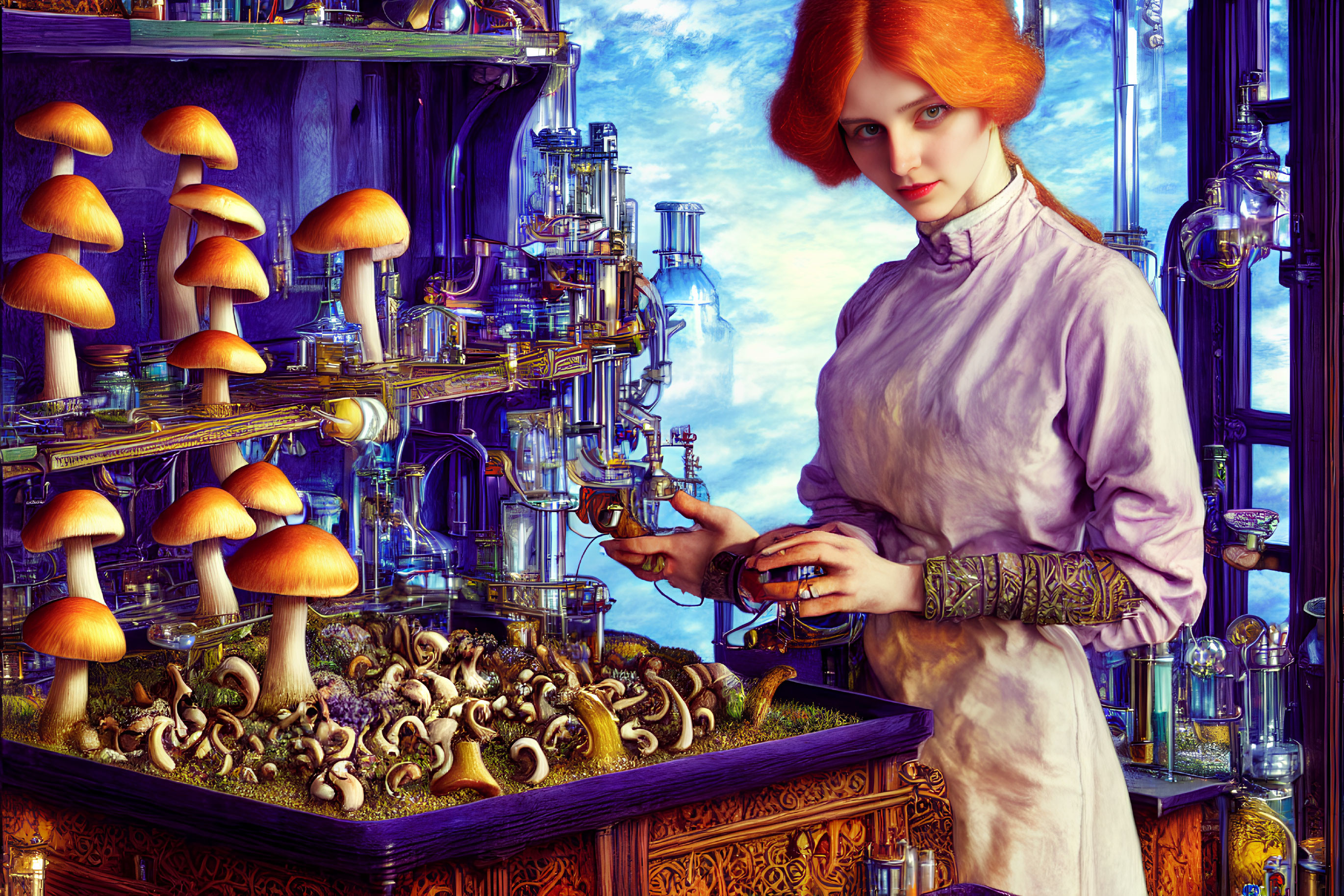 Red-haired woman in historical attire with glass vial in fantastical laboratory.
