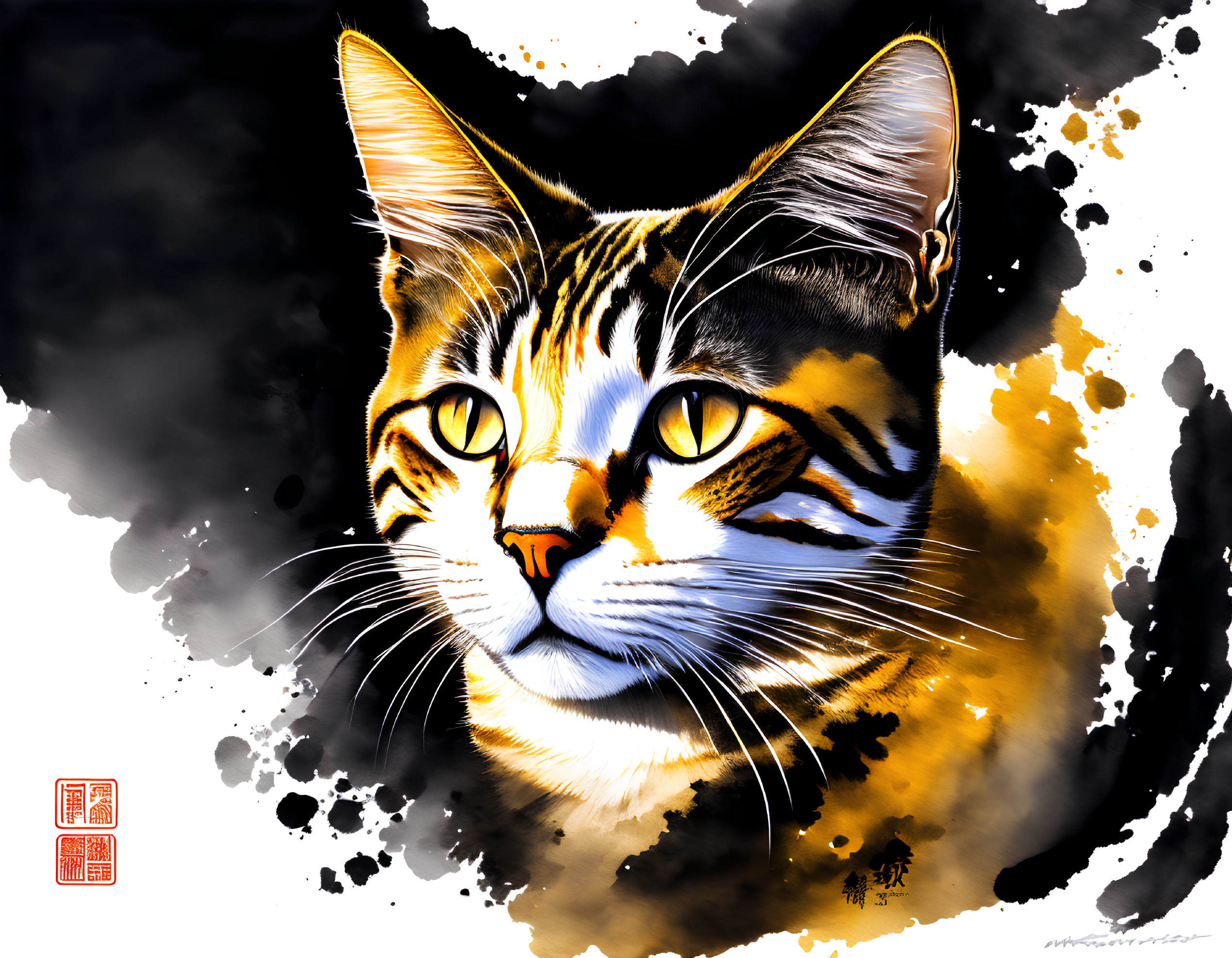 Tabby Cat Digital Painting with Orange Eyes on Dramatic Black and Gold Background