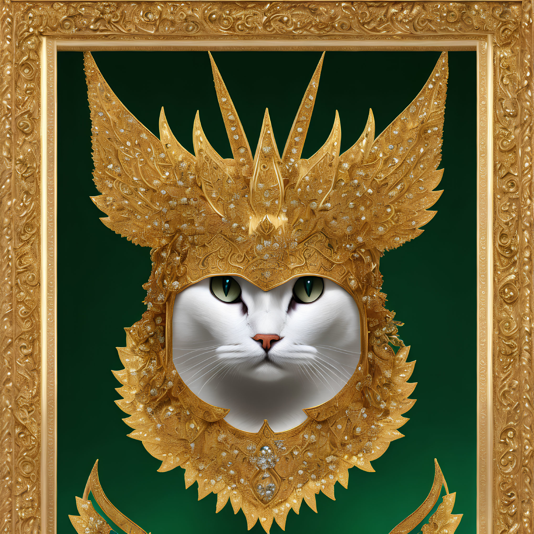 Golden frame with majestic cat illustration on green background