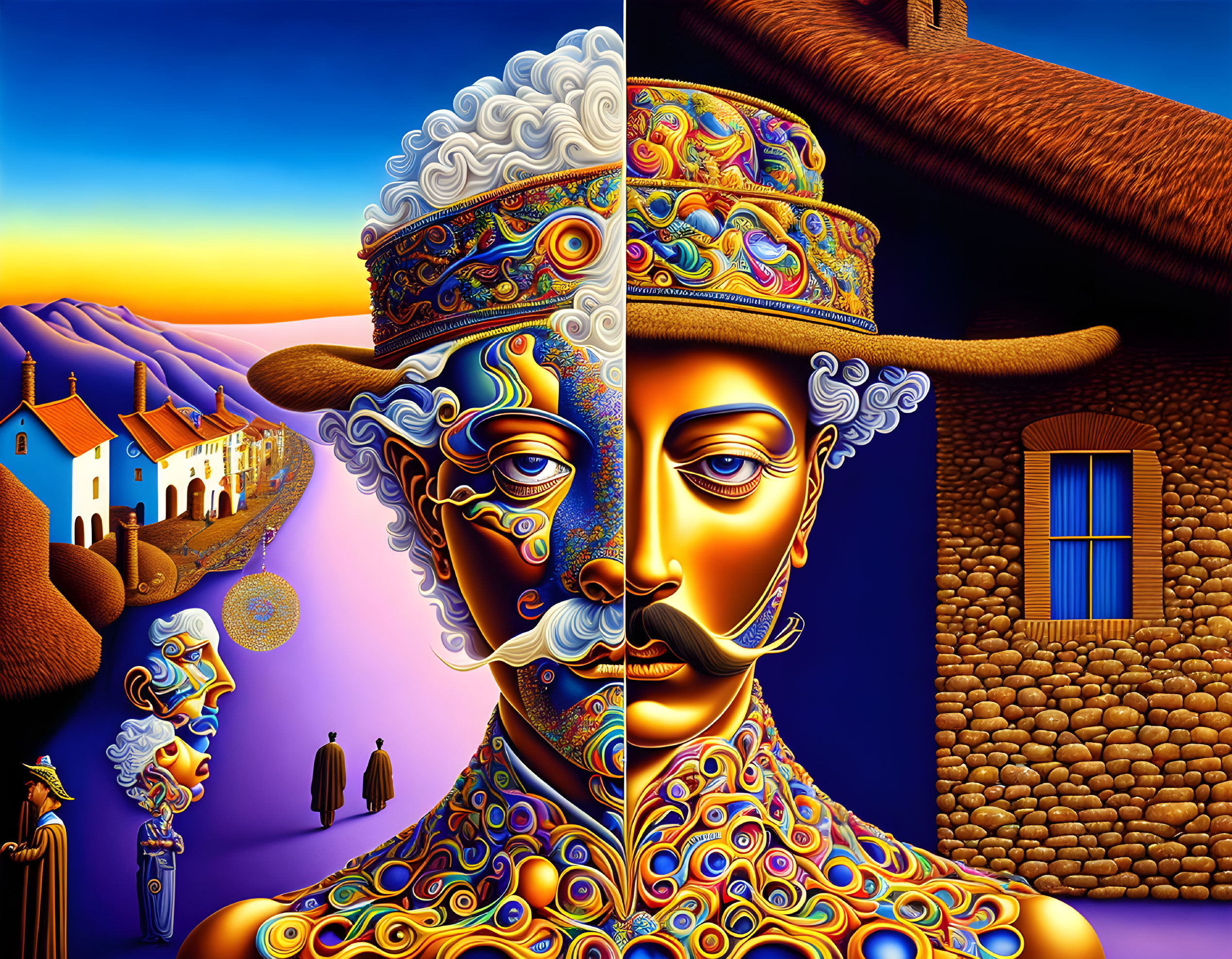 Split surreal portrait with ornate faces, European village and South-American hut backgrounds.