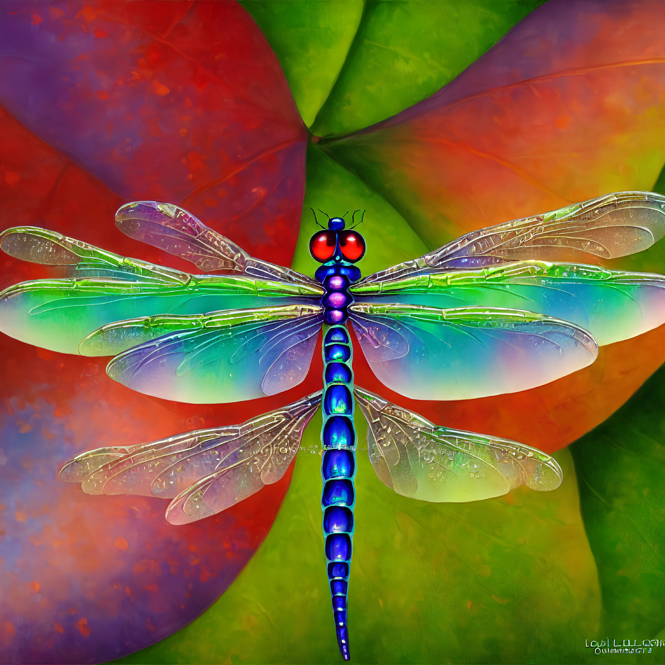 Close-up image of vibrant blue dragonfly on multicolored leafy background