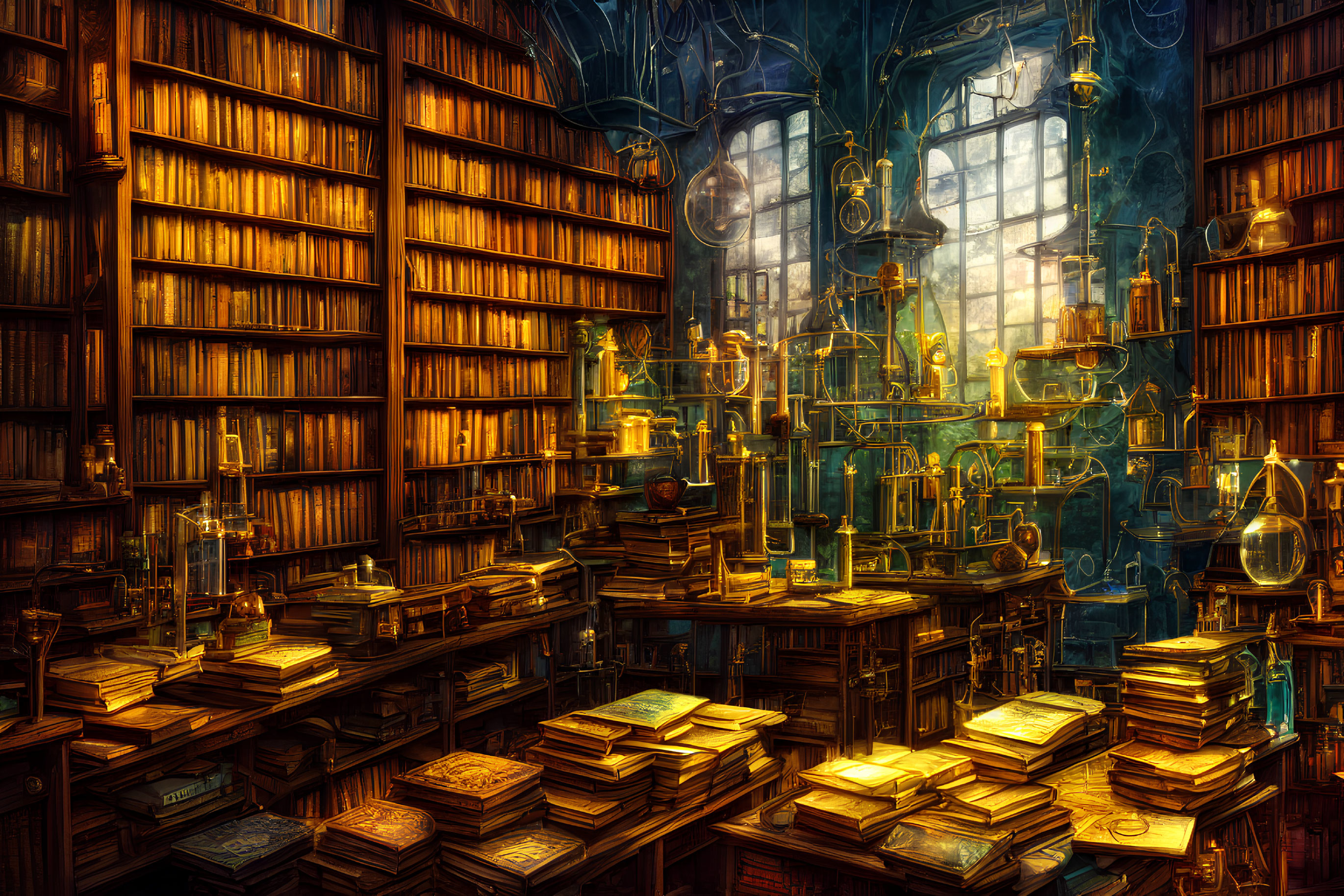 Dimly-lit Library with Towering Bookshelves and Scientific Apparatus