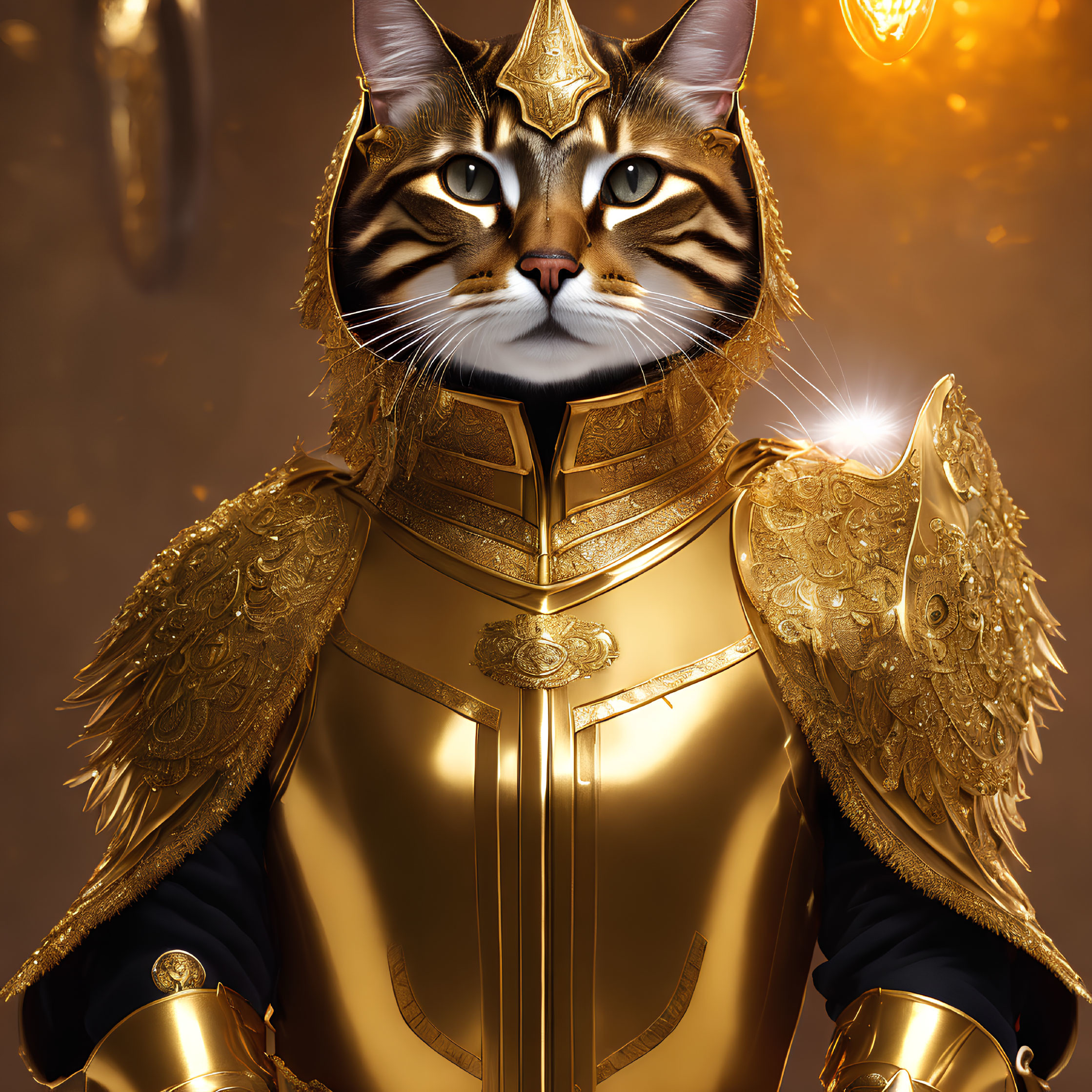 Regal Cat in Golden Armor with Stern Expression