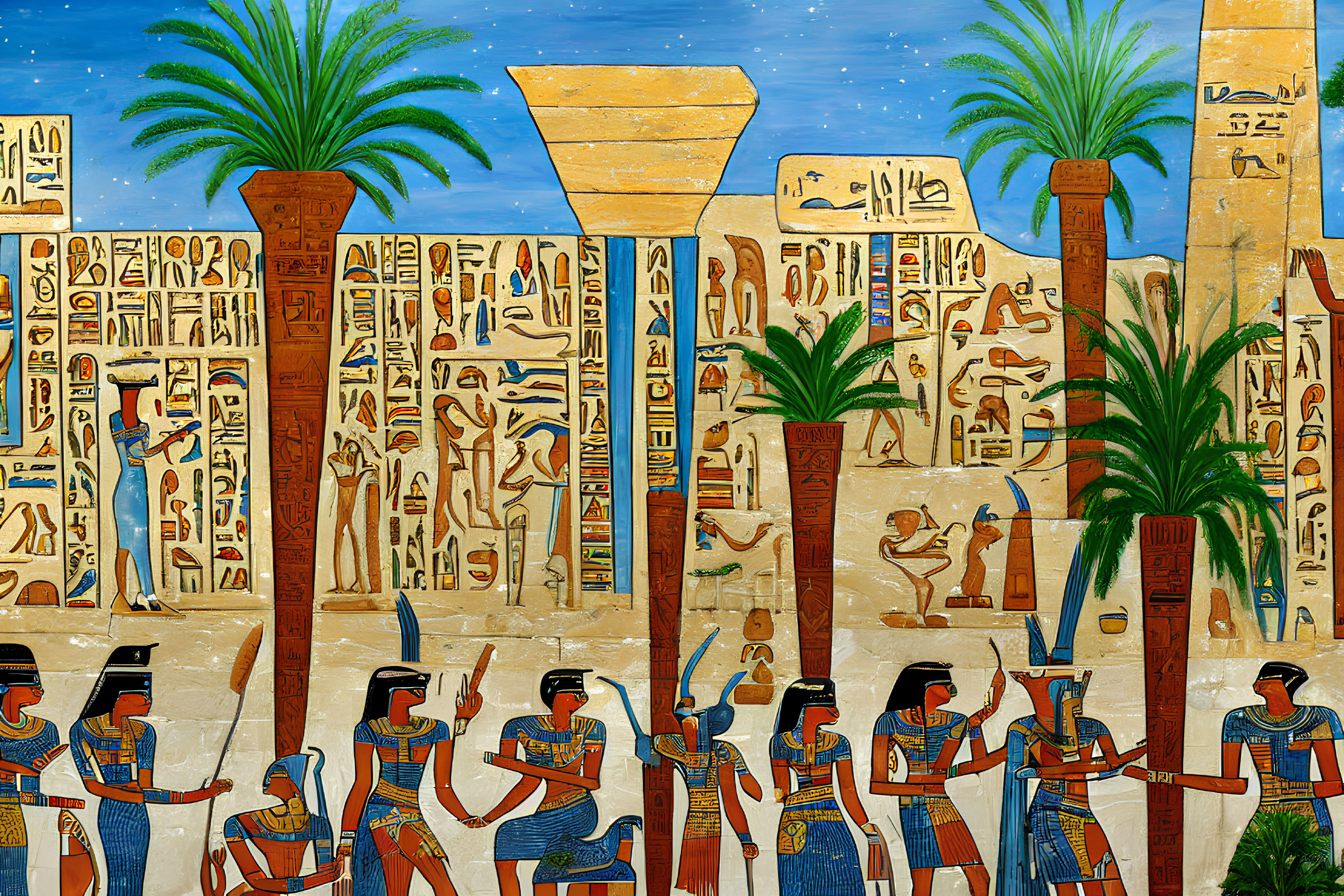 Colorful Ancient Egyptian Artwork Featuring Hieroglyphics and Pharaohs