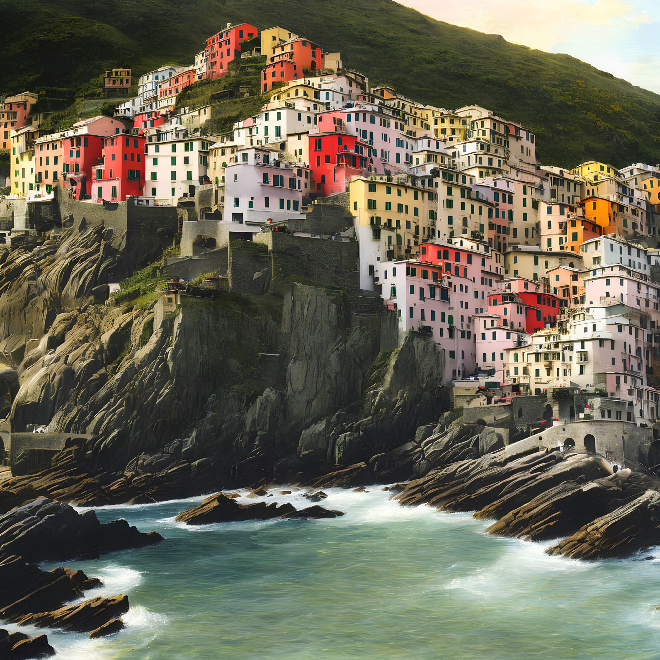 Vibrant houses on steep cliffs with rugged coastline and green hills
