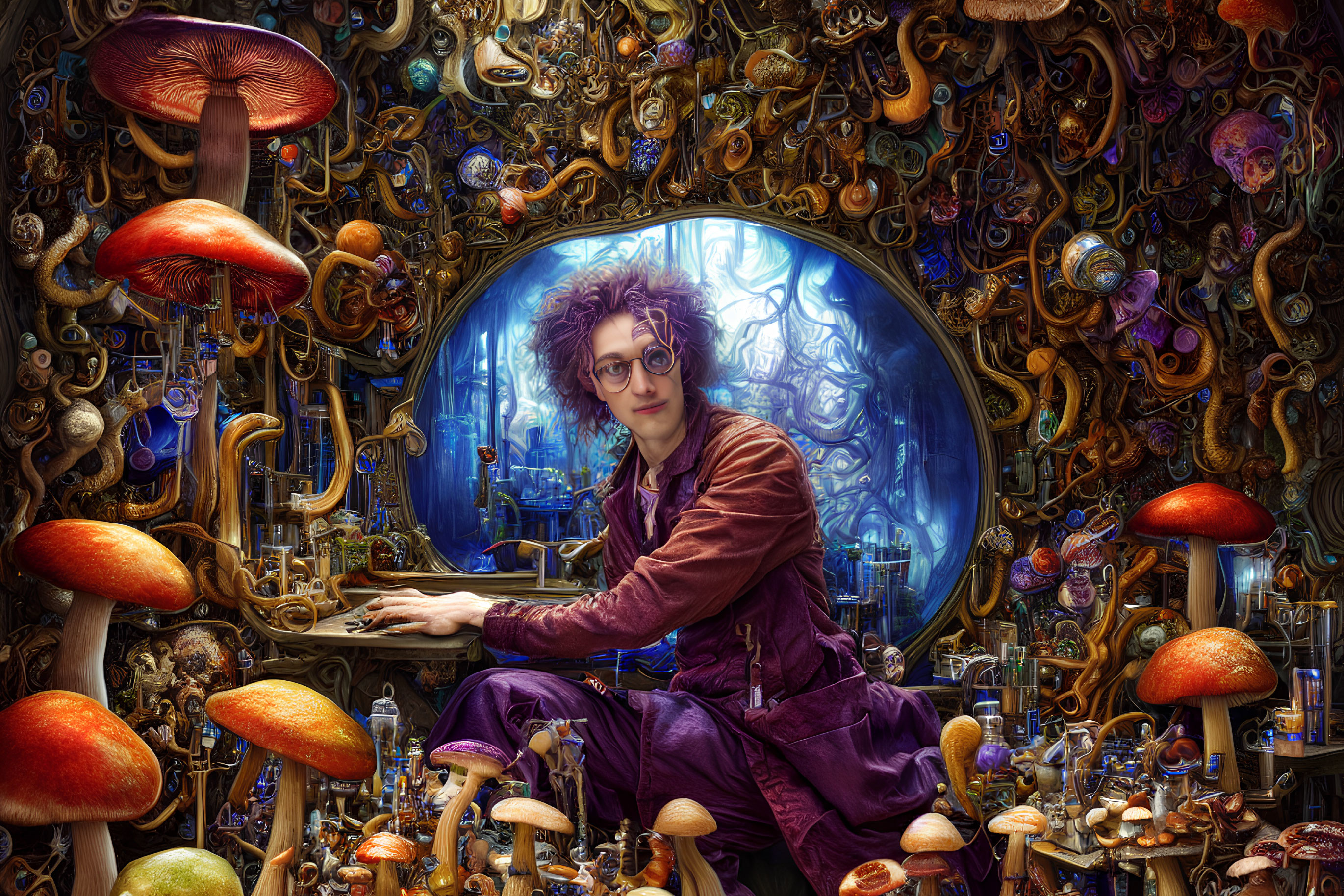Curly-haired person in purple outfit with glasses among mushrooms and metallic objects