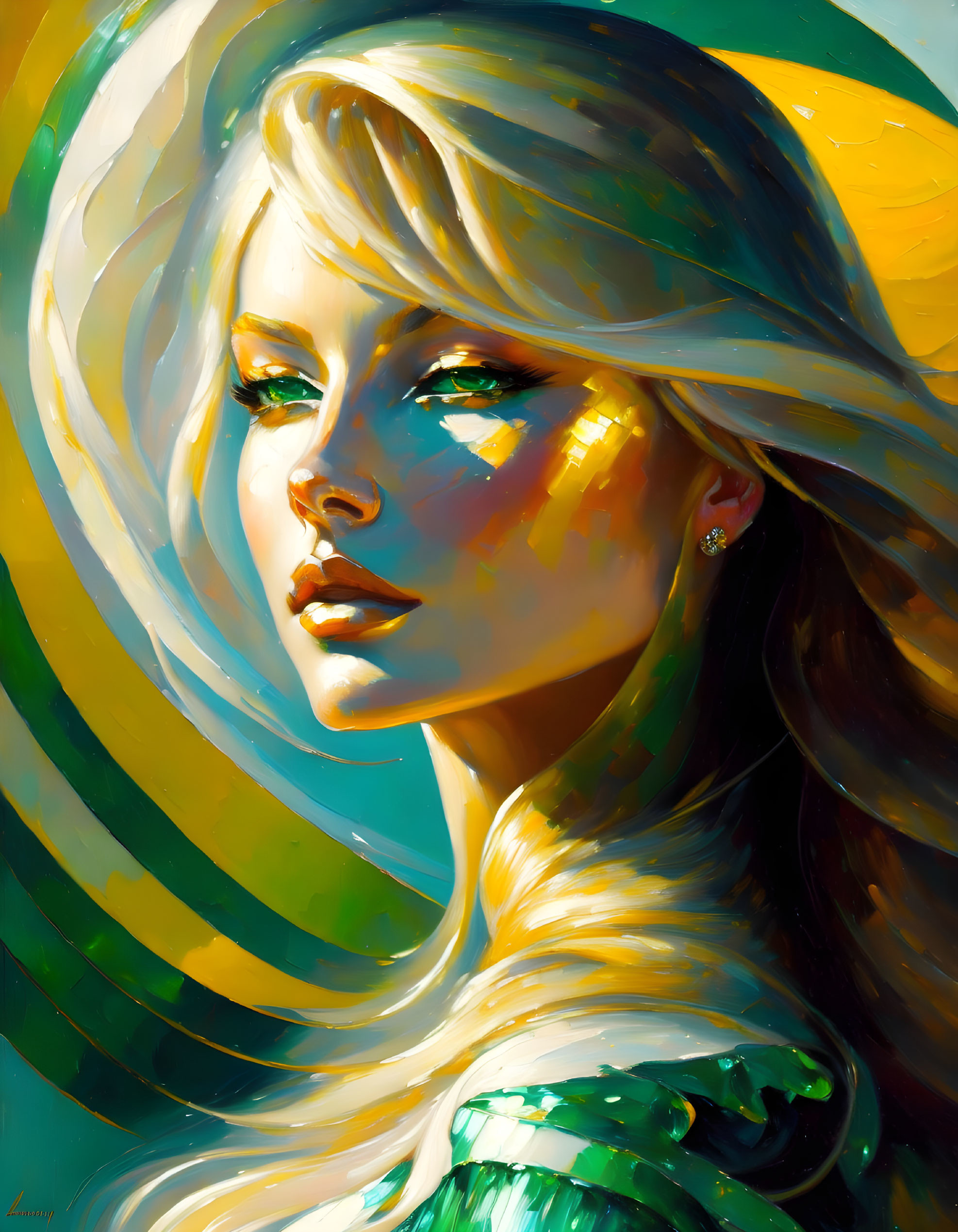 Vibrant illustration of woman with golden hair and blue eyes