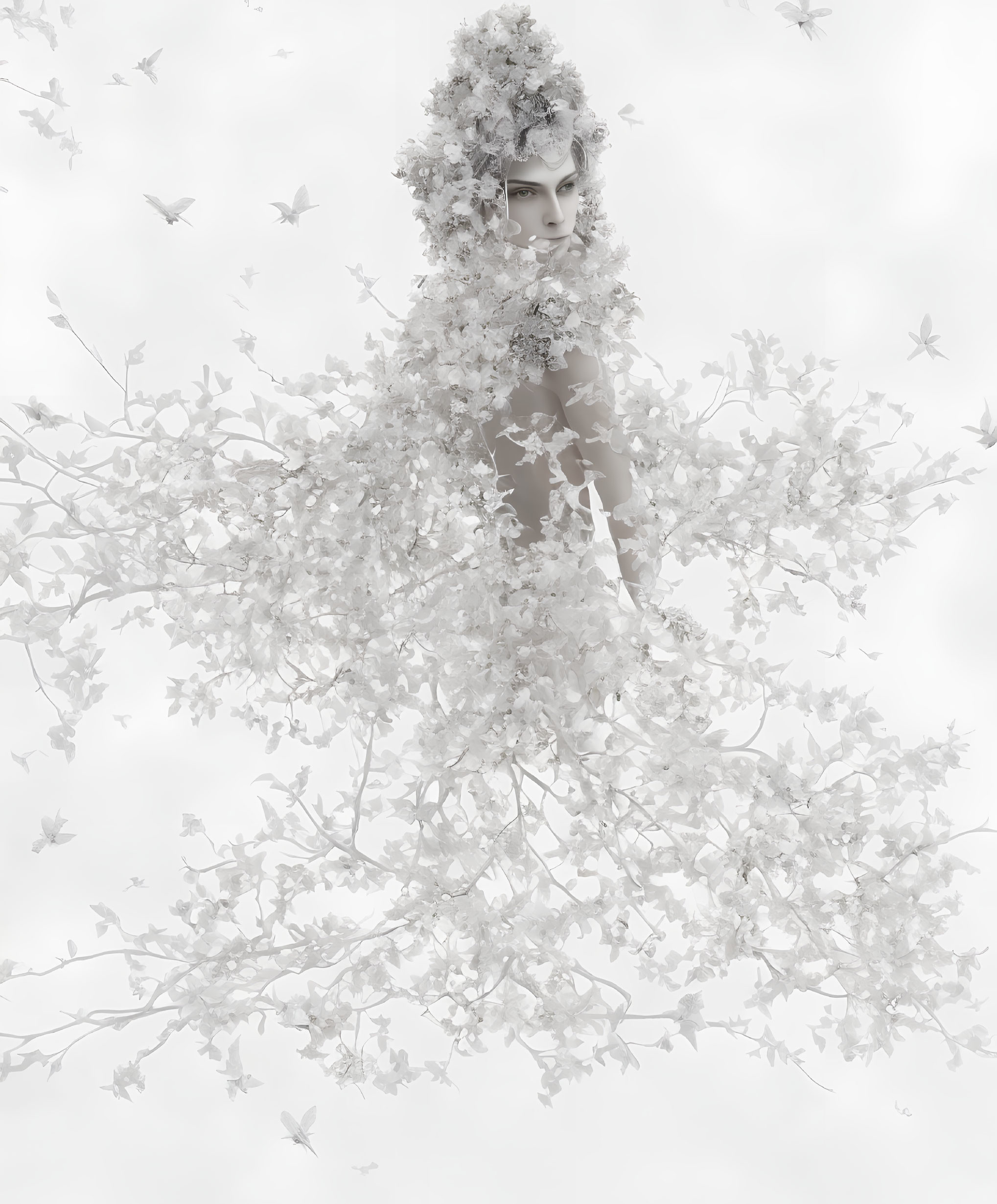 Monochromatic image of person with white flowers and butterflies on floral background