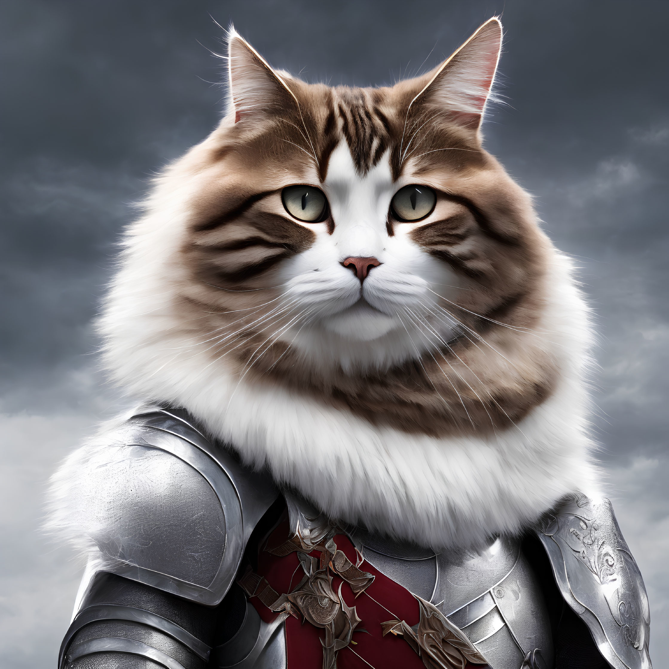 Regal cat in knight armor under stormy sky
