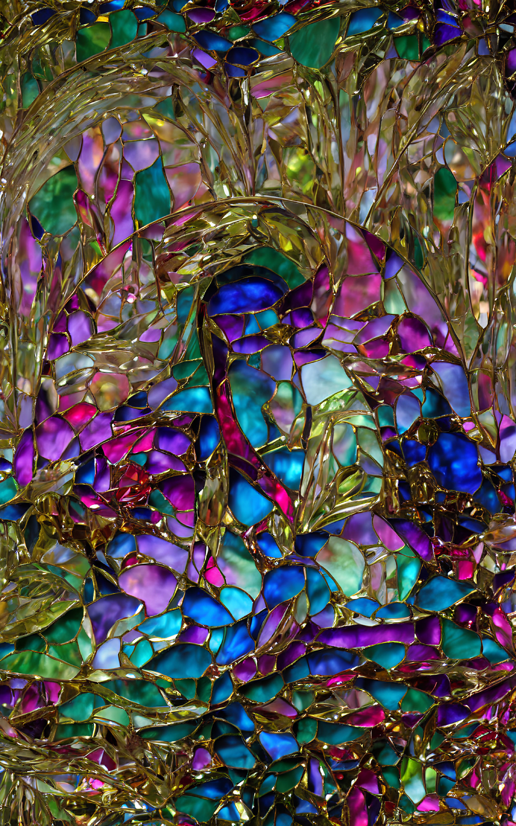 Colorful Abstract Mosaic with Iridescent Shards and Golden Accents