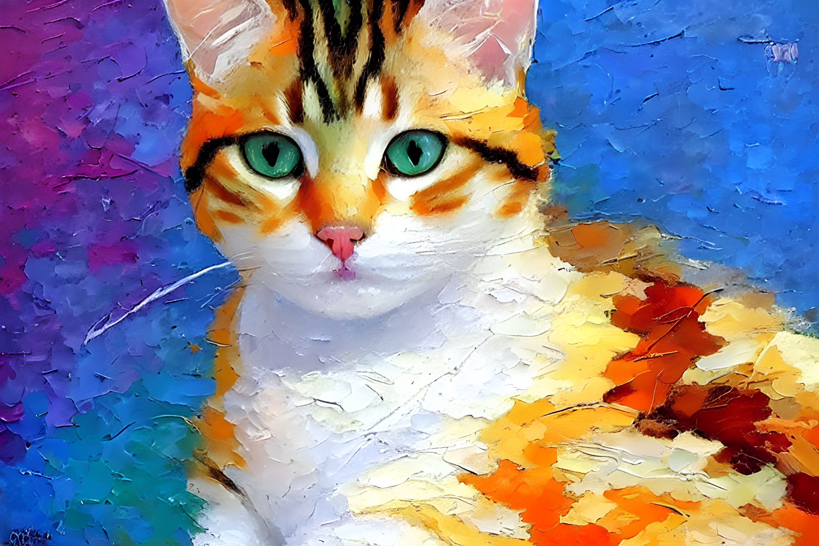 Vibrant cat illustration with green eyes and colorful patchwork fur