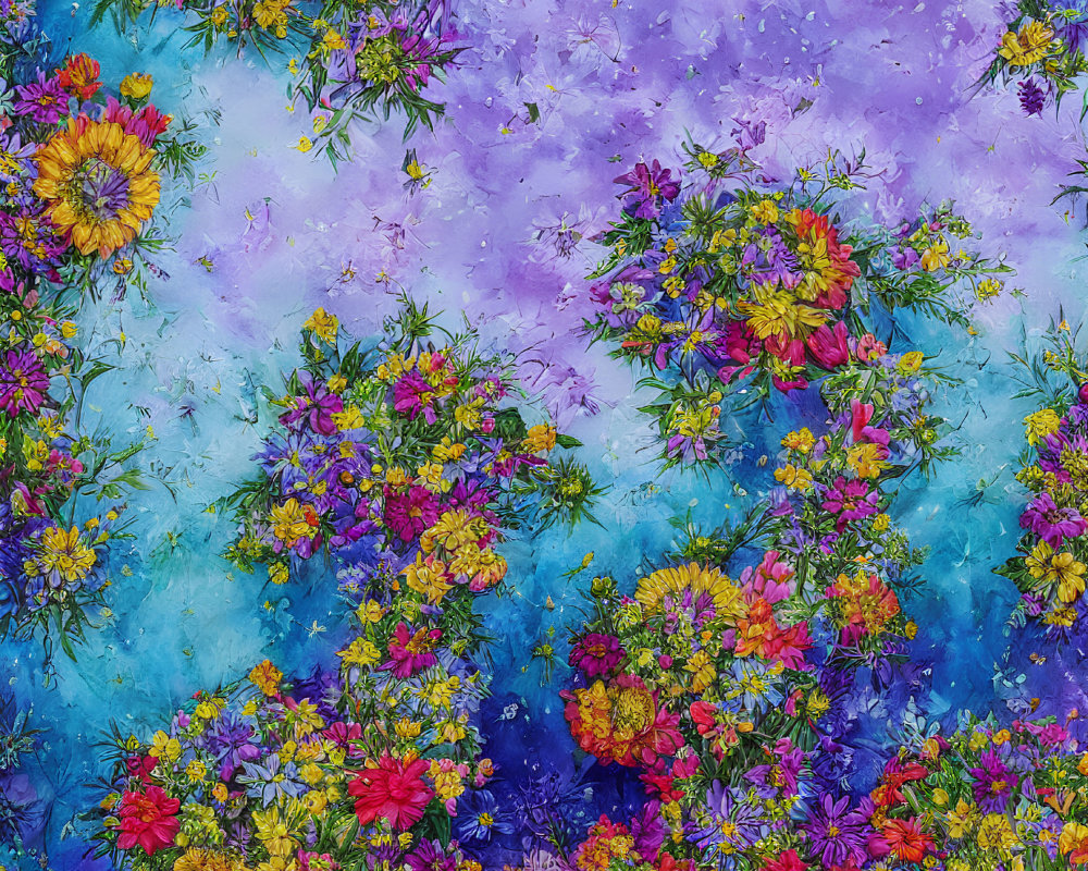 Colorful Abstract Painting with Flower Clusters on Textured Background