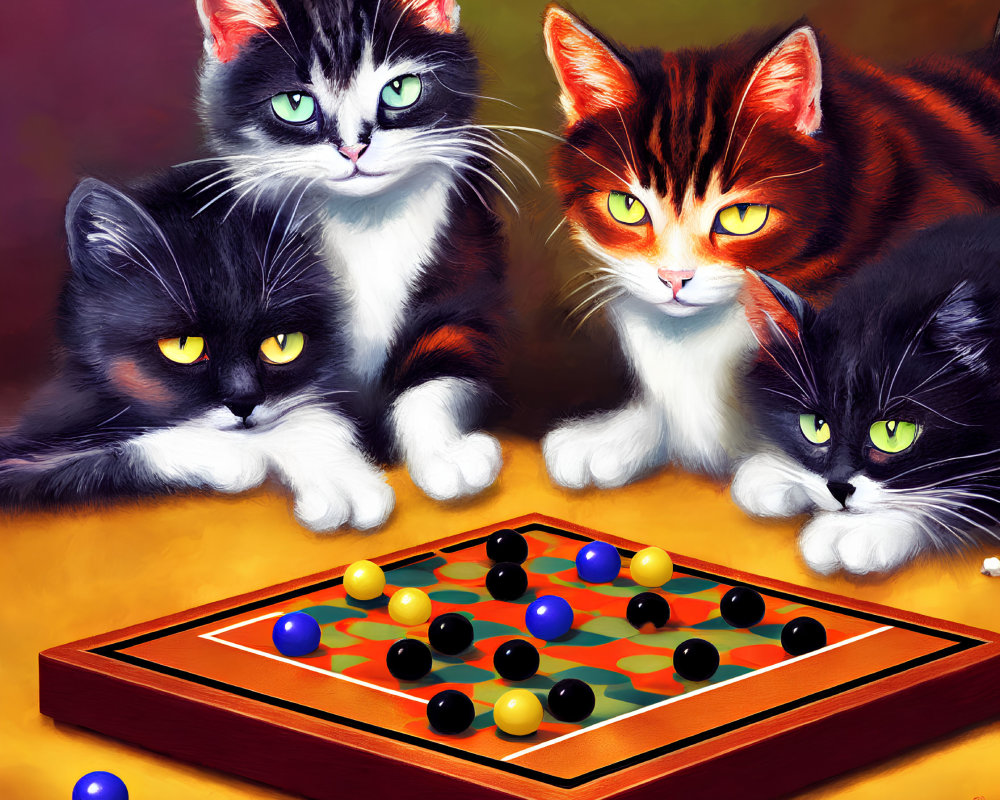 Four expressive animated cats playing Chinese checkers on a board.