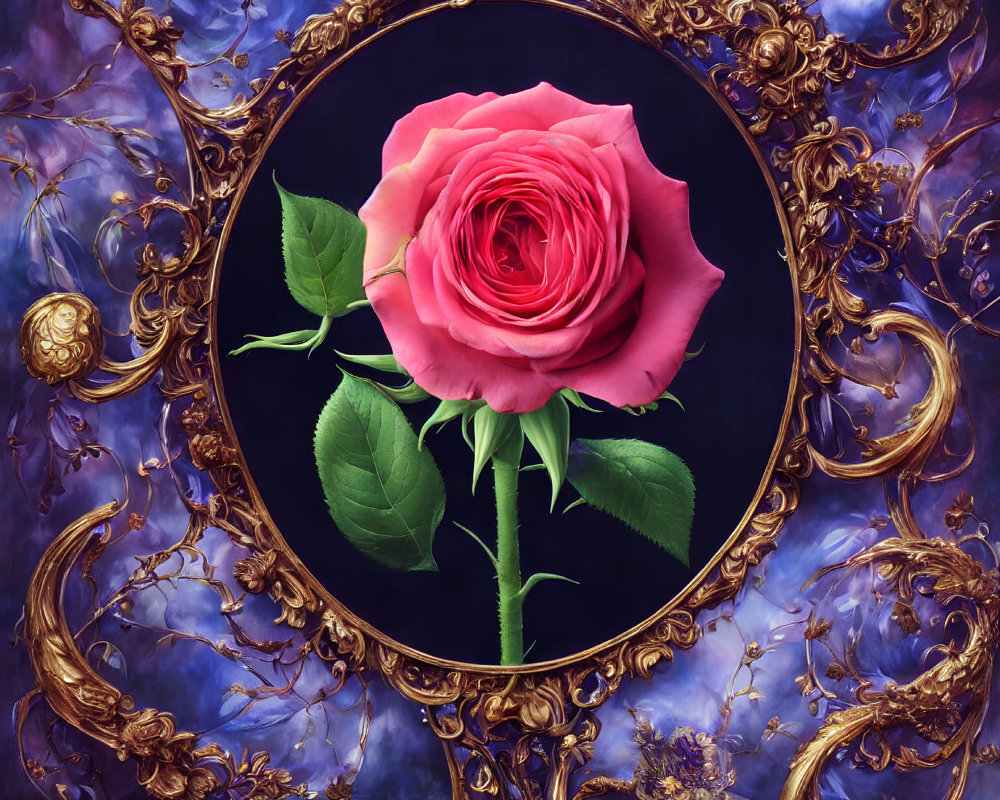 Pink rose in gold baroque frame on blue and purple backdrop