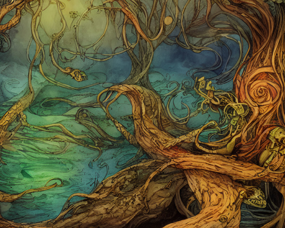 Detailed Illustration of Twisted Trees in Fantasy Woodland