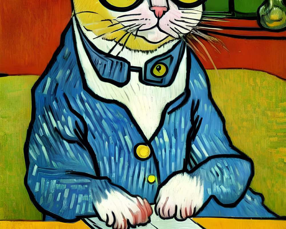 Colorful cat in suit and glasses reading at table in Van Gogh style