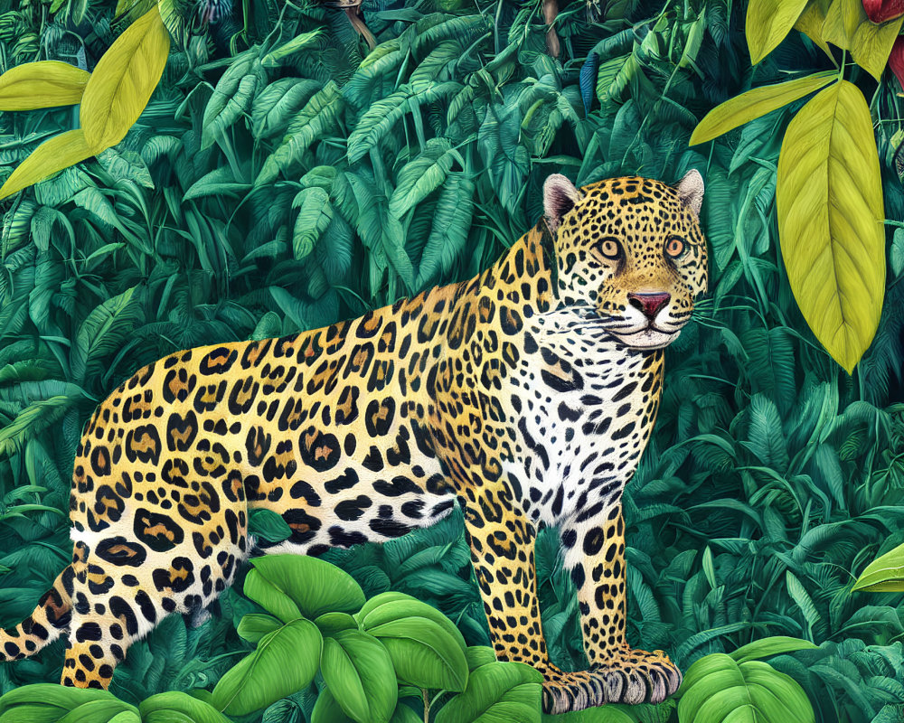 Spotted Jaguar in Lush Green Jungle Foliage