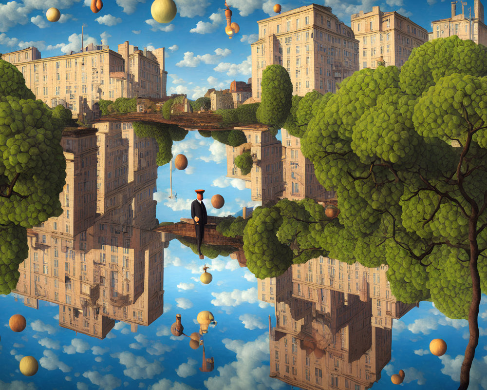 Surrealistic image of person on mirrored city bridge with floating orbs and trees under blue sky.