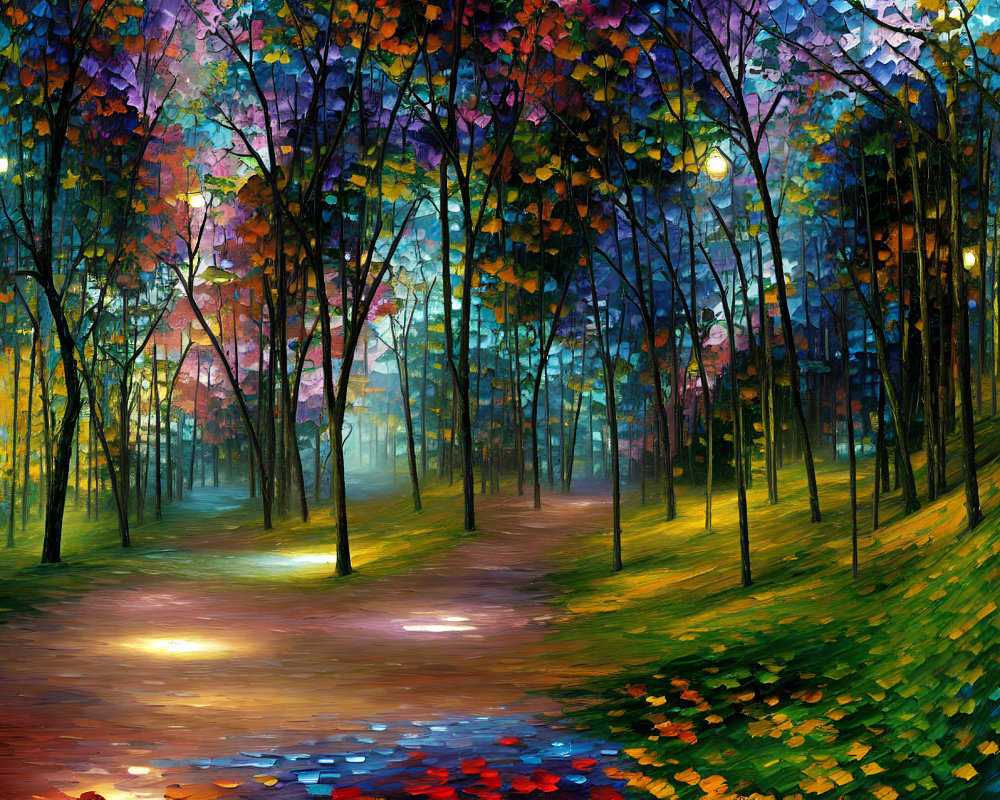 Colorful oil painting of whimsical forest path with stylized trees and illuminated trail