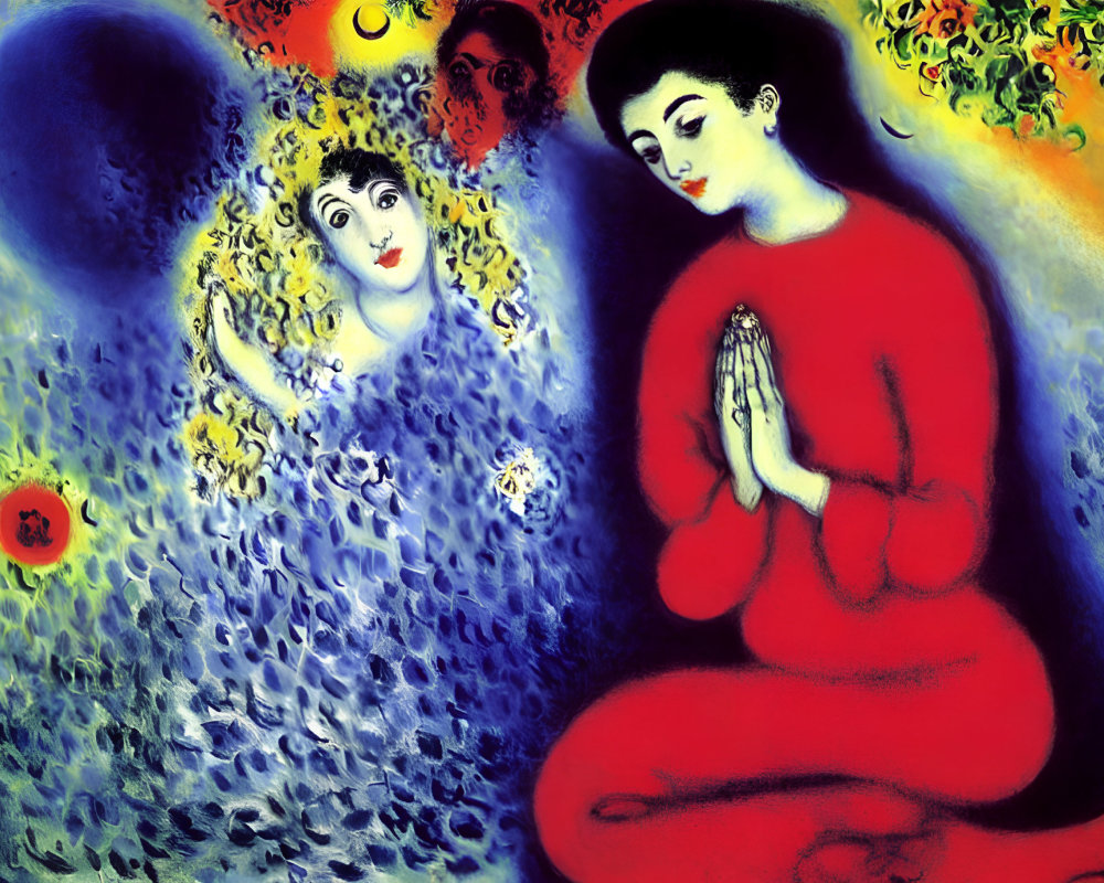 Colorful abstract painting with praying figure, floating woman's face, and vibrant orbs on blue background