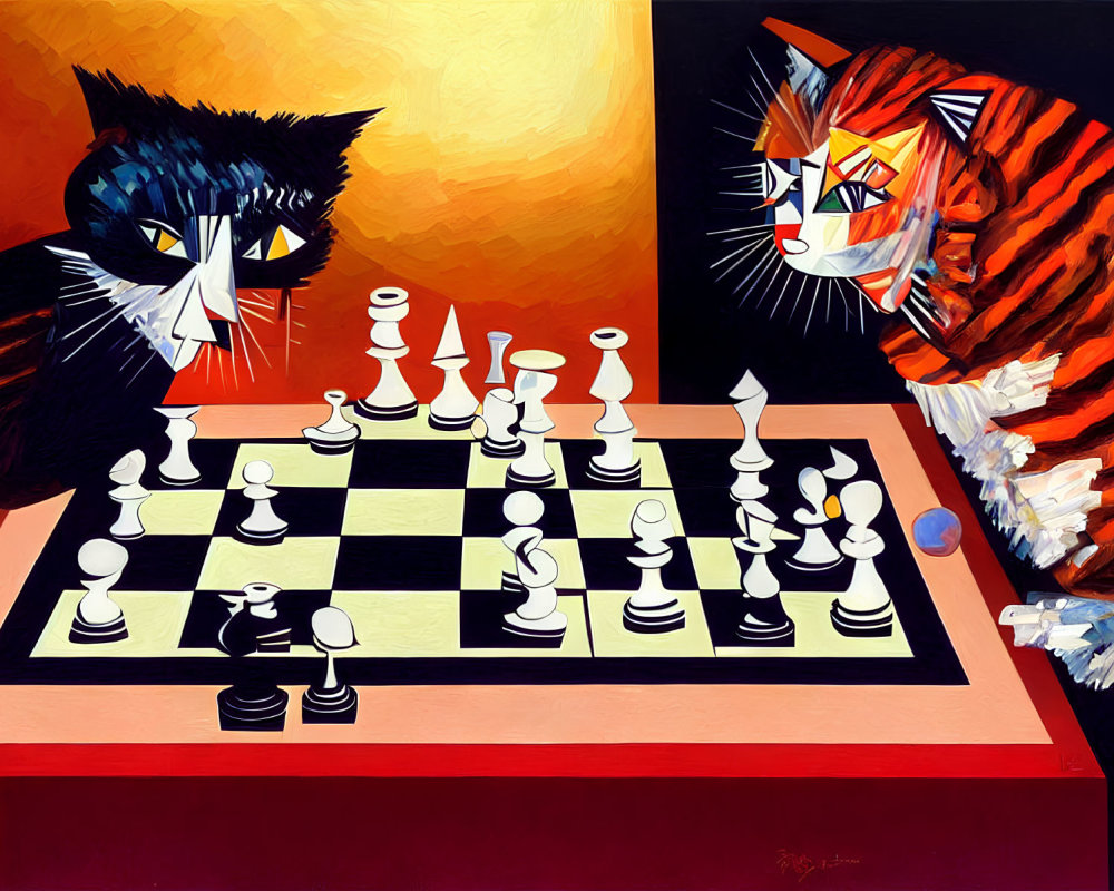 Stylized cats in vibrant attire playing chess