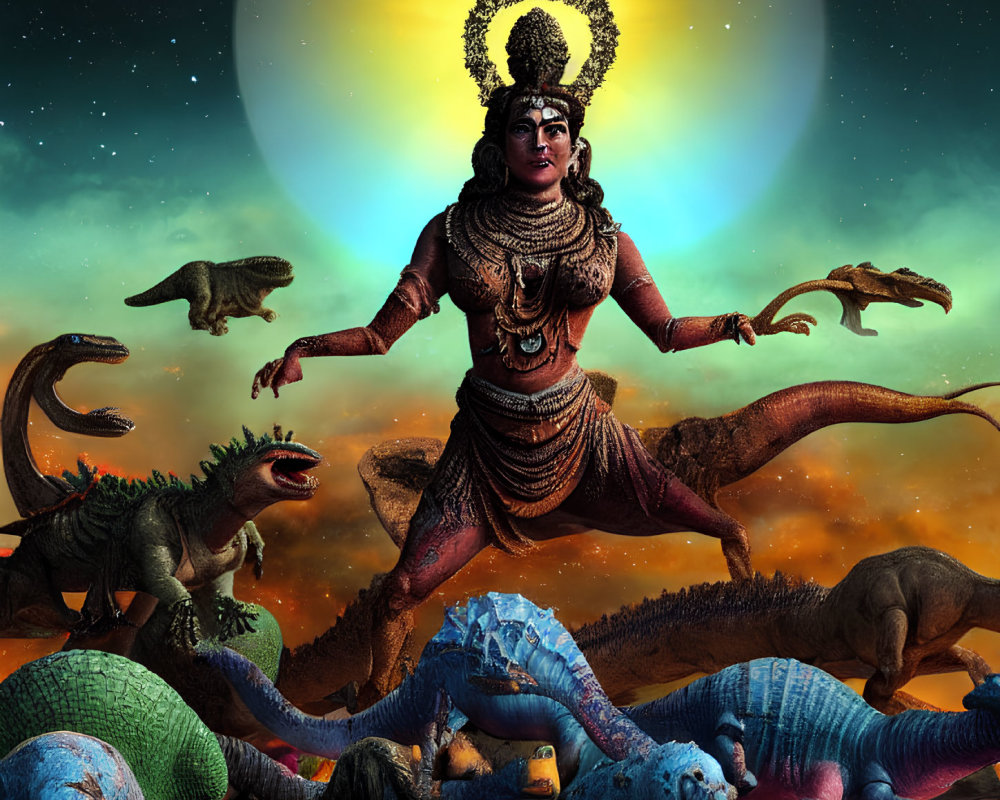 Mythological female figure with multiple arms dances under twilight sky among colorful dinosaurs and celestial body