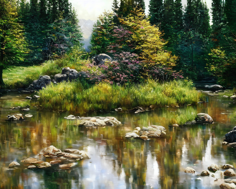 Tranquil stream with rocks and vibrant vegetation in soft light