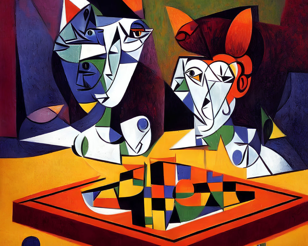 Colorful Cubist Painting with Multifaceted Figures & Geometric Shapes