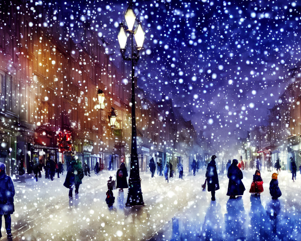 Snowfall illuminates bustling city street at night with people walking under streetlights and decorated shops