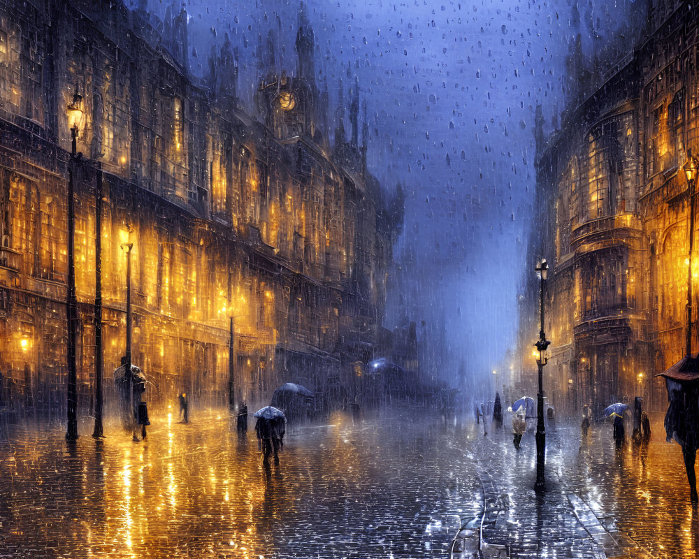 City street scene: Rainy night with umbrellas under warm streetlights.