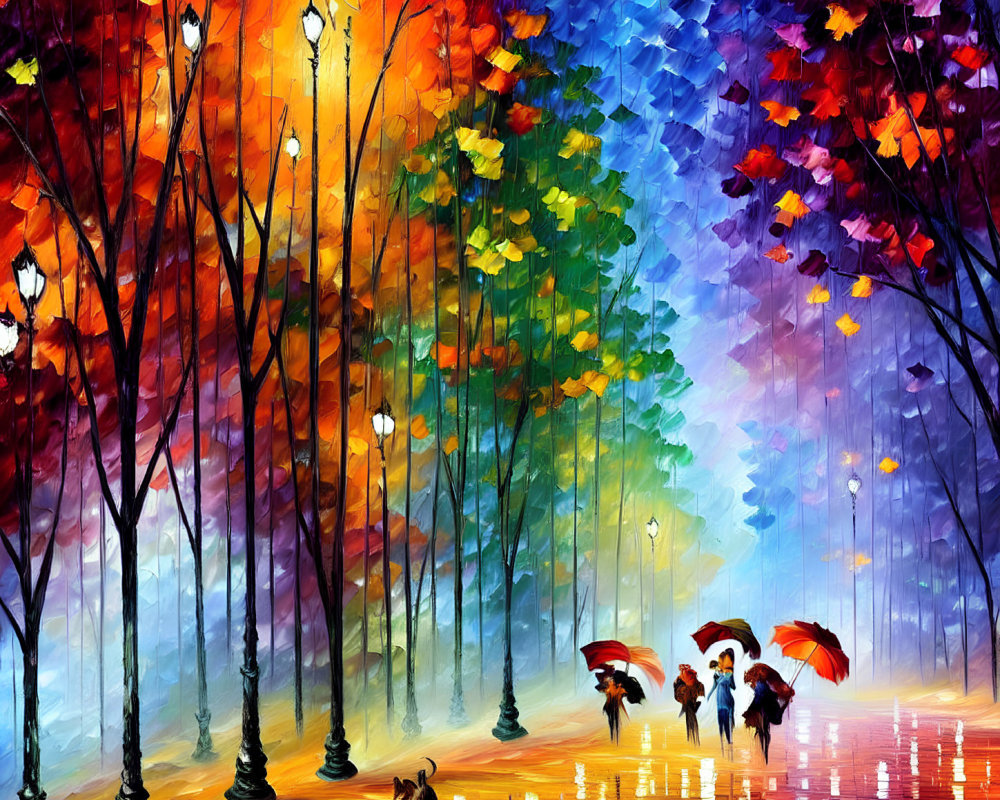 Vibrant impressionistic painting of people with umbrellas in rainy street