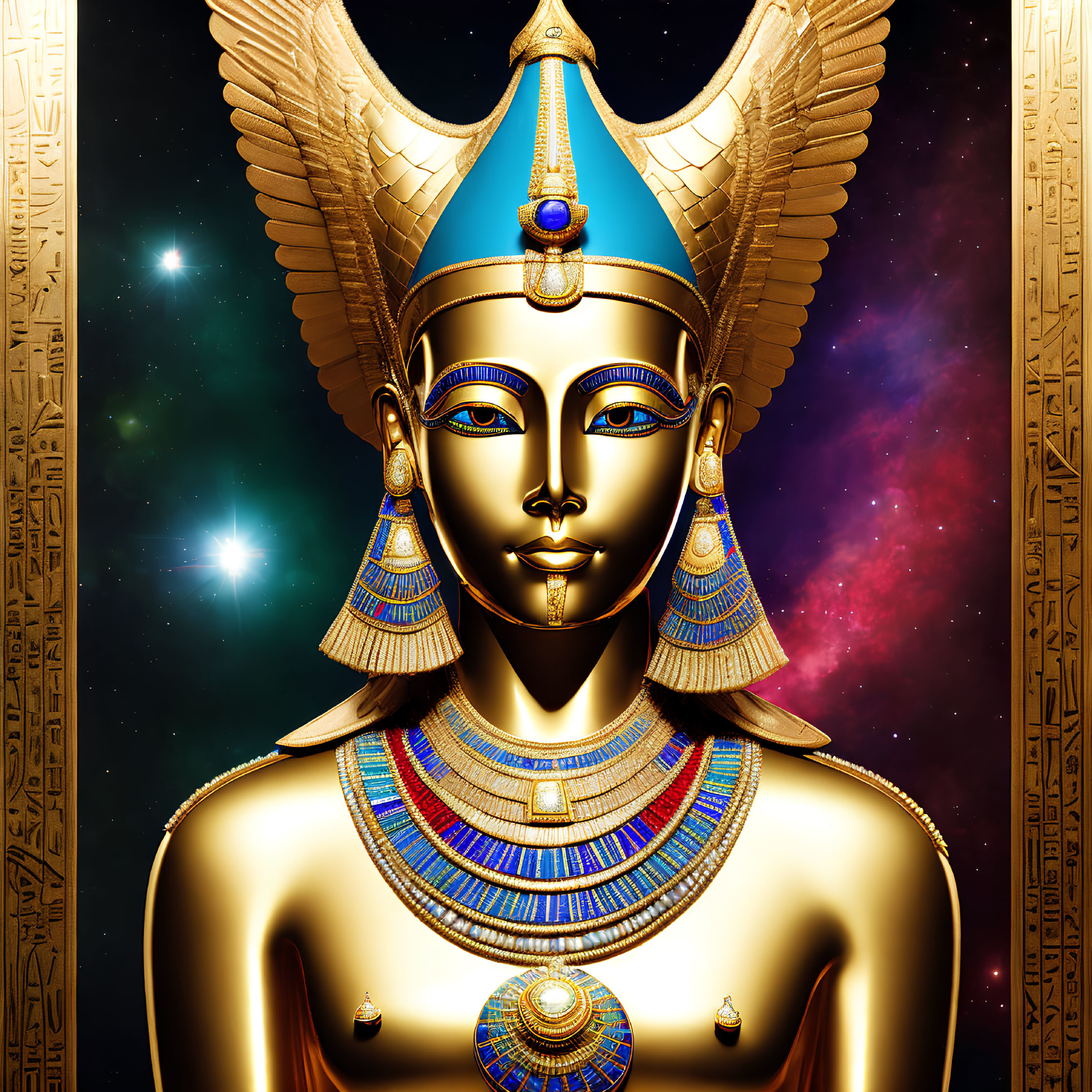 Egyptian Pharaoh Artwork with Traditional Headdress and Cosmic Background