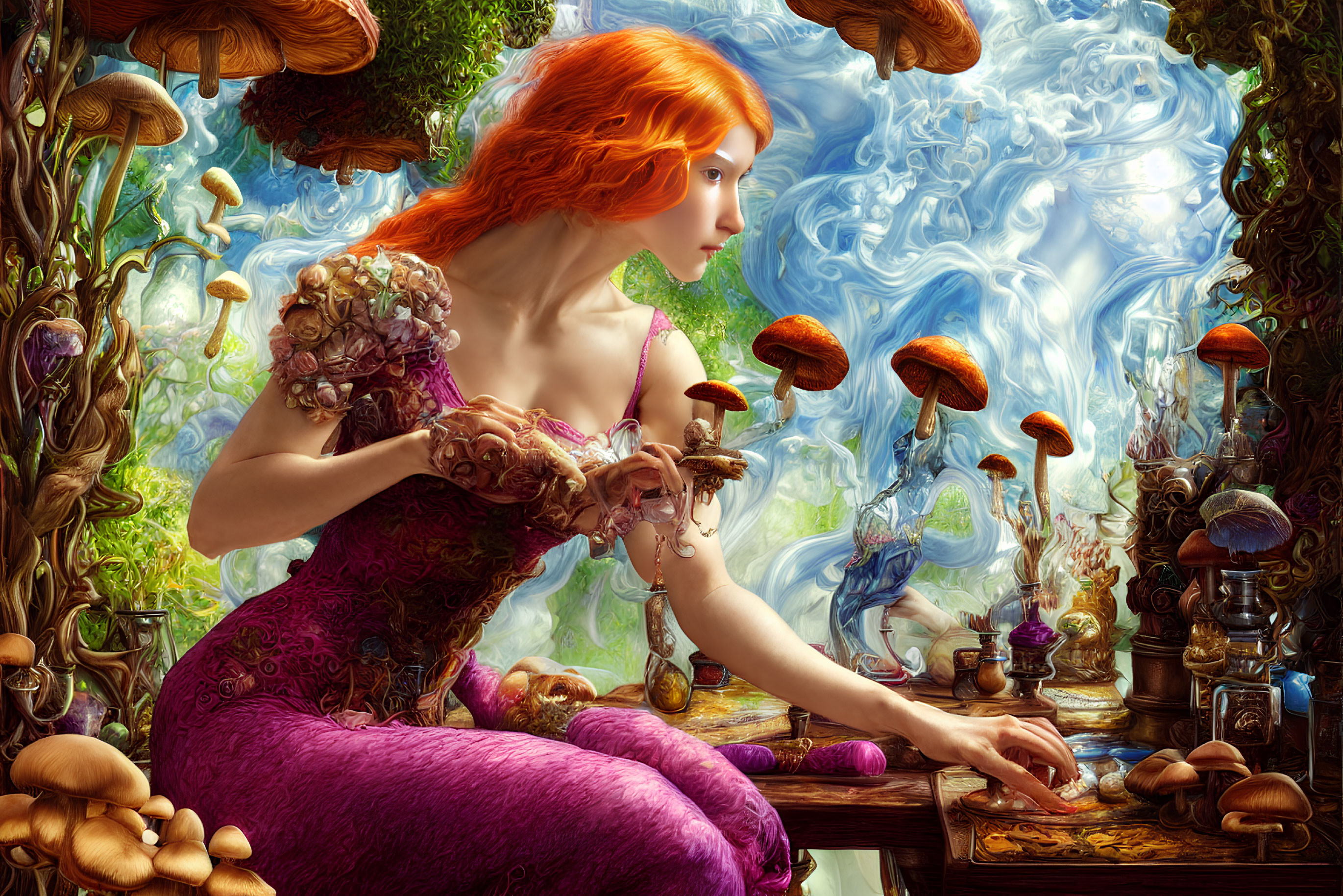 Fiery red-haired woman in purple dress plays magical chess among fantastical mushrooms